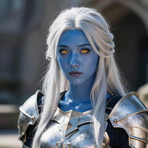Digital artwork of a blue-skinned woman with glowing yellow eyes, long white hair, and silver armor, standing in a sunlit, blurred medieval background