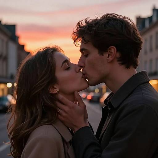 Photograph of a couple kissing passionately in the street at sunset, with the man's hand gently holding her face, city lights blurred in the background.