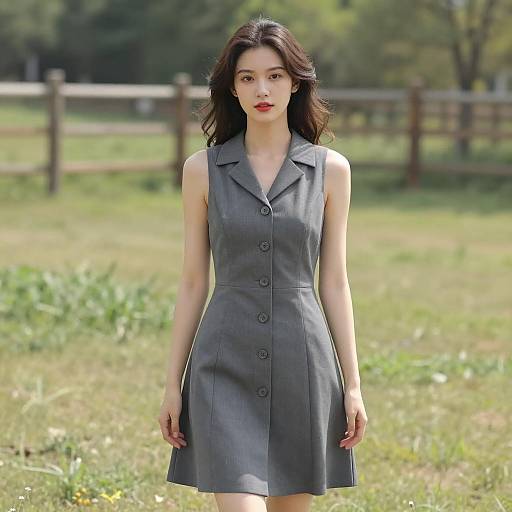 Young Woman in Gray Sleeveless Dress Outdoors