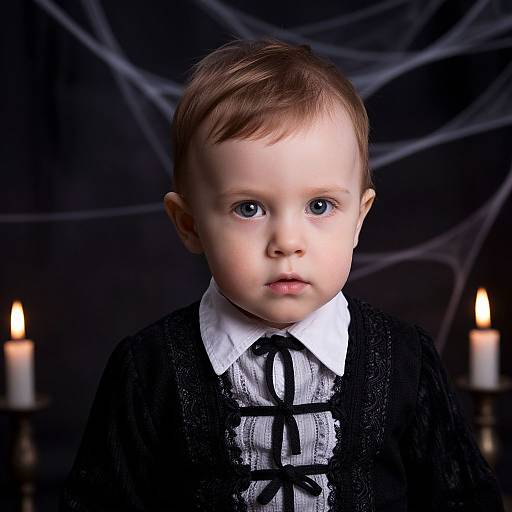 Photograph of a young boy with fair skin and brown hair, wearing a black Victorian-style outfit with white shirt and bow, against a dark background with