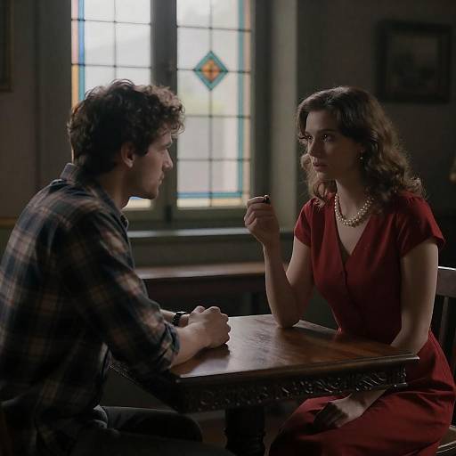 Dimly Lit Stained-Glass Room, Tense Conversation