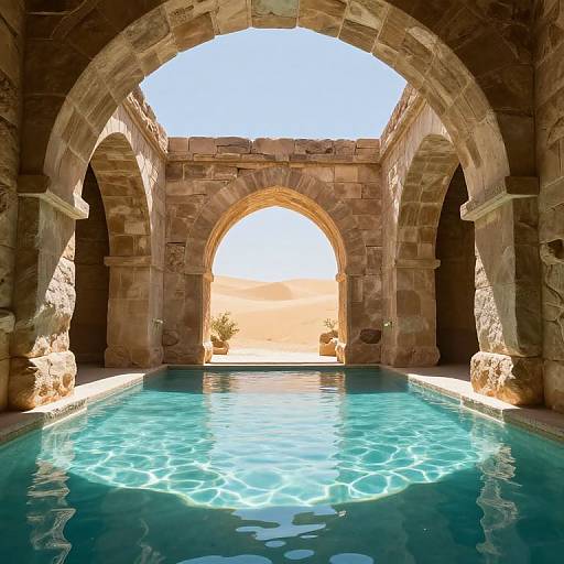 Photograph of a serene, sunlit stone archway pool with clear blue water, reflecting light, leading to a sandy outdoor landscape beyond.