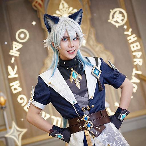 Photograph of a smiling cosplayer with white hair, blue cat ears, black and white outfit, and blue accessories in a brightly lit, ornate