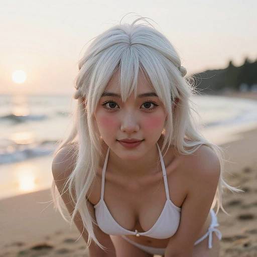 Photograph of a young Asian woman with long, platinum blonde hair in a white bikini, leaning forward on a sandy beach at sunset. Blush on