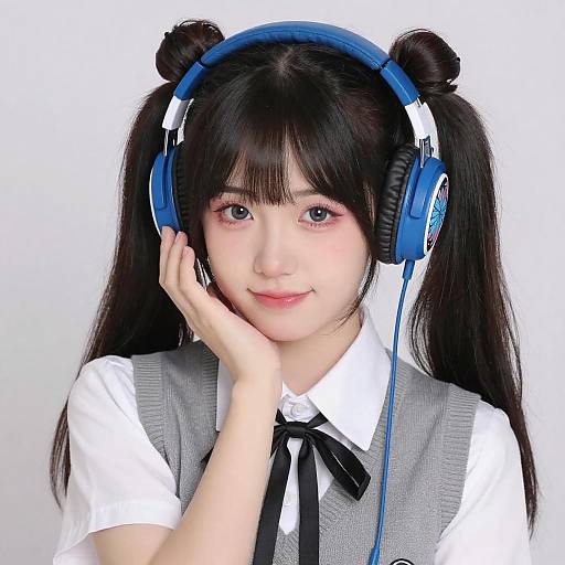 Anime Girl with Headphones and Twin Buns