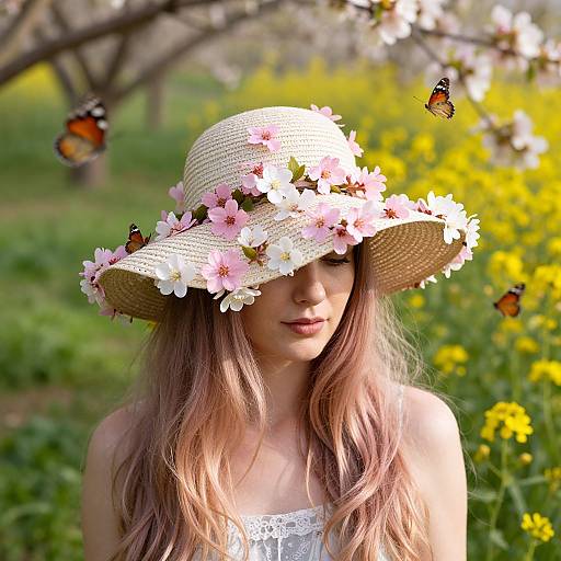 Photograph of a young woman with long pink hair wearing a flower-adorned straw hat, lace top, surrounded by yellow flowers and orange butterflies in