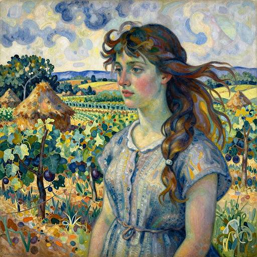 Impressionist-style painting of a young woman with long brown hair in a braid, wearing a blue dress, standing in a vibrant, colorful countryside