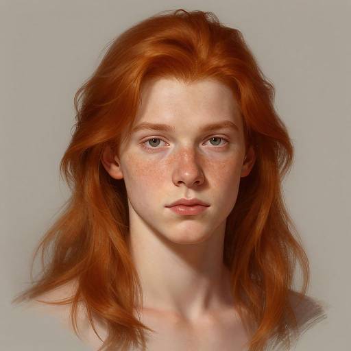 Digital portrait of a fair-skinned, red-haired woman with freckles, soft blue eyes, and subtle makeup, set against a plain gray background