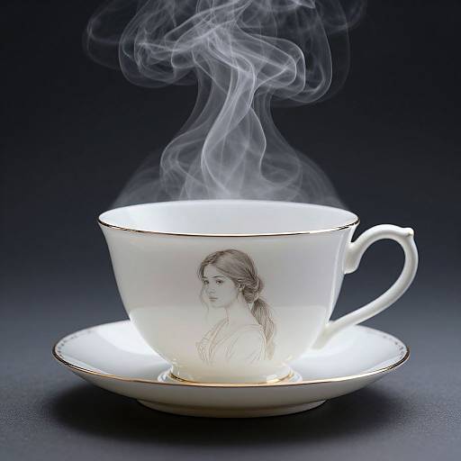Photograph of a white porcelain teacup with a detailed sketch of a woman's face, emitting steam, on a matching saucer against a dark
