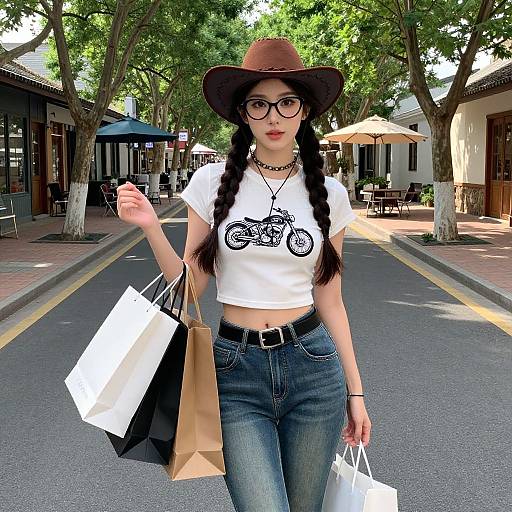 Photograph of an Asian woman with long braids, black hat, glasses, white crop top, blue jeans, holding shopping bags on a tree-lined
