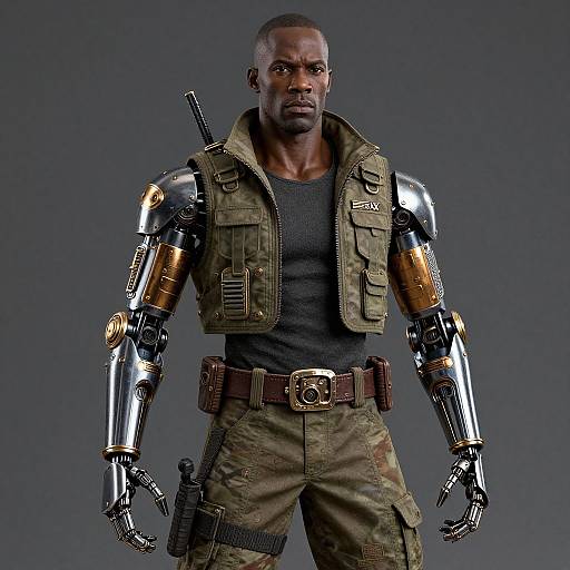 Photograph of a muscular Black man with cybernetic arms and legs, wearing a green military vest, black tank top, and camo pants,