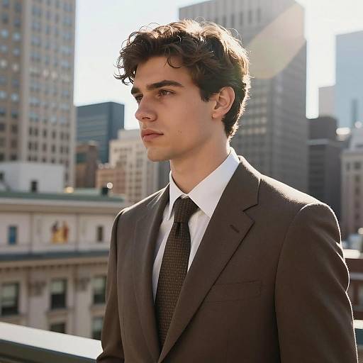 Young Man in Suit Against City Skyline