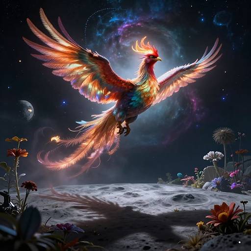 Digital artwork of a vibrant, rainbow-feathered phoenix soaring over a moonlit, flower-filled landscape with a cosmic, starry night sky background.