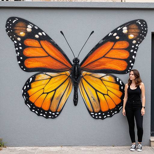 Photograph of a woman in black tank top and jeans standing beside a large, vibrant orange and black butterfly mural on a gray wall.