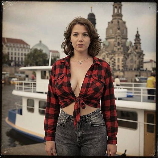 Photograph of a brunette woman with wavy hair, wearing a red-black plaid shirt tied at the front, revealing cleavage, and high-w