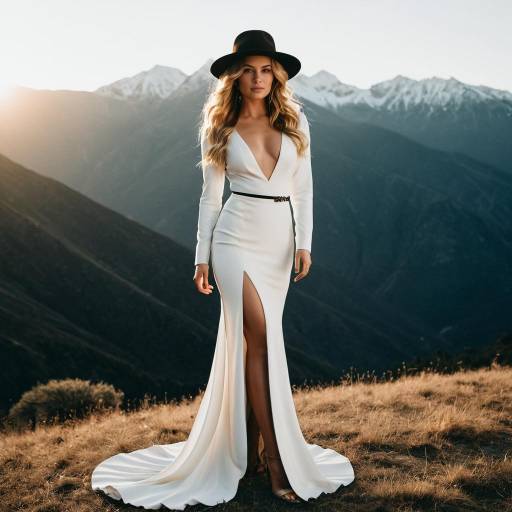 Elegant Woman in White Gown with Fedora in Mountain Sunrise