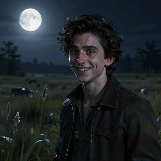 Photograph of a smiling young man with curly brown hair, wearing a dark denim jacket, under a bright full moon in a dark, moonlit field