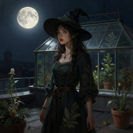 Herbalist Witch in Moonlit Greenhouse