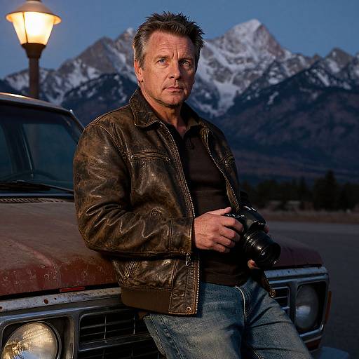 Photograph of a middle-aged man with spiked hair, wearing a brown leather jacket and jeans, holding a camera, standing beside a vintage car, with