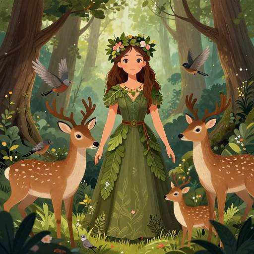 Digital illustration of a green-clad, flower-crowned girl standing in a sunlit forest, surrounded by two deer, a smaller fawn, and