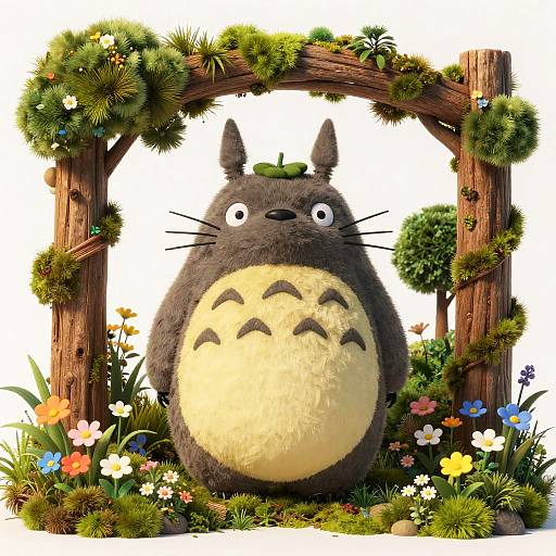 Digital illustration of Totoro, a fluffy, gray, cat-like creature with a yellow belly, standing under a wooden arch adorned with greenery and