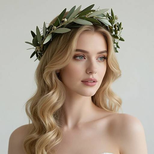 Photograph of a fair-skinned, blonde woman with wavy hair, wearing a green leafy crown, and bare shoulders, against a white background