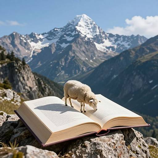 Photograph of a fluffy white sheep standing on an open book with mountain peaks and snow-capped peaks in the background. Bright daylight, clear blue sky