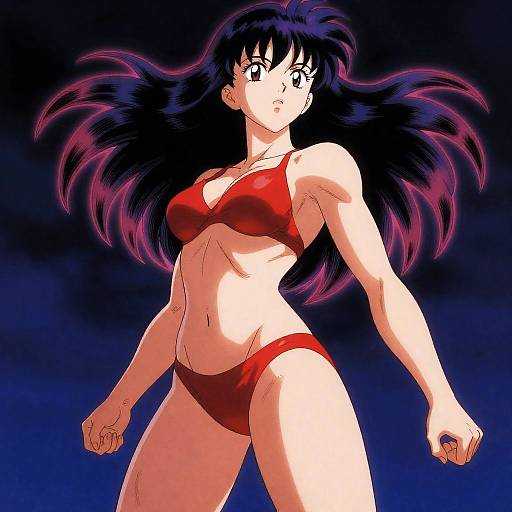 Anime Woman in Red Bikini with Neon Hair Outline
