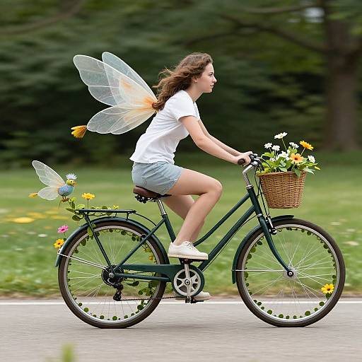 Photograph of a young woman with fairy wings riding a green bicycle with a flower basket, in a lush, green park.