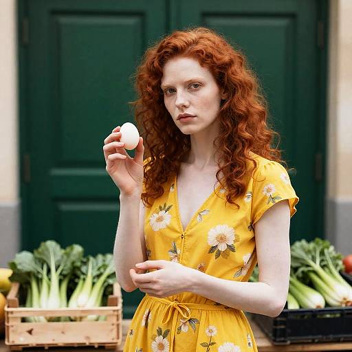 Pale Woman with Red Hair in Market