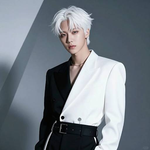 Photograph of a young androgynous person with white hair, wearing a black and white split jacket, black pants, and a gold necklace,
