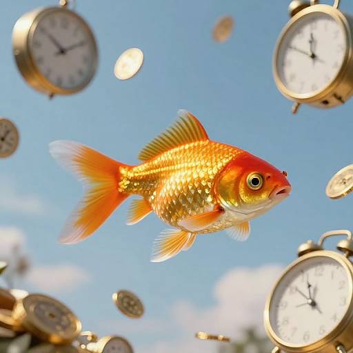 Surreal Golden Fish Amid Floating Time