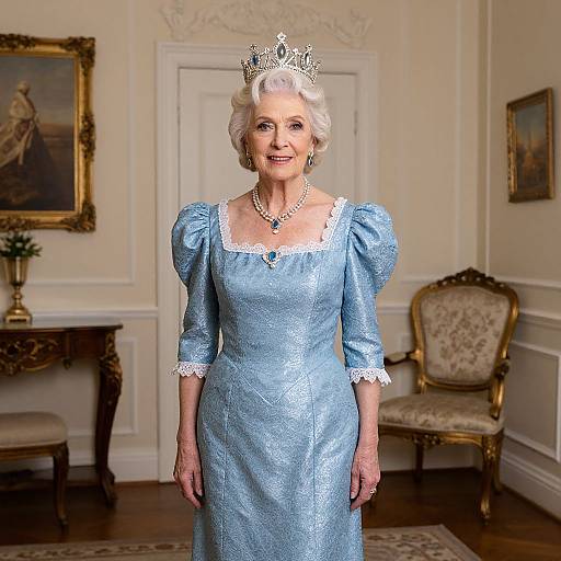 Photograph of an elderly white woman with short white hair, wearing a light blue, lace-trimmed dress, silver tiara, and pearl necklace