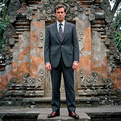 Photograph of a handsome man in a dark gray suit, white shirt, and red tie, standing in front of an ornate, ancient stone temple
