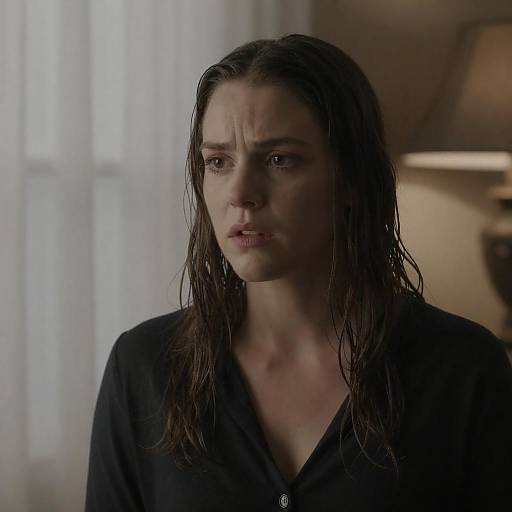 Concerned Woman Portrait with Lace Curtains