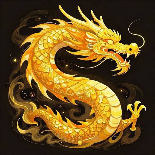 Vibrant digital illustration of a golden, serpentine dragon with intricate scales, fiery eyes, and flowing whiskers, set against a black background