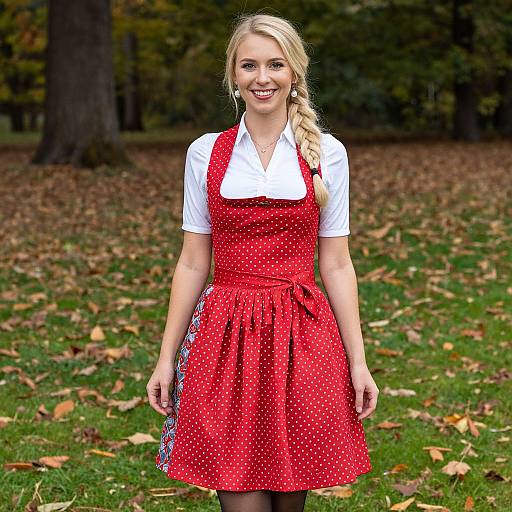 Blonde woman in red polka dot dress with white blouse, braid, smiling, standing on grassy autumn park background. Photograph.
