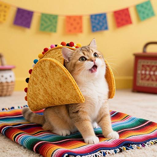 Adorable orange-and-white kitten wearing a taco costume with colorful pom-poms, sitting on a vibrant striped blanket in a festive room.
