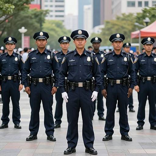 Photograph of six male police officers in dark blue uniforms, white gloves, and caps standing in a city plaza with blurred skyscrapers in the background