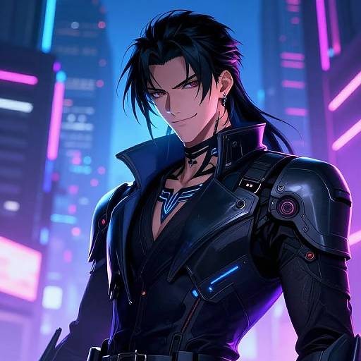 Digital anime-style drawing of a smirking, black-haired male character with purple eyes, wearing a black, high-collared, armored jacket in