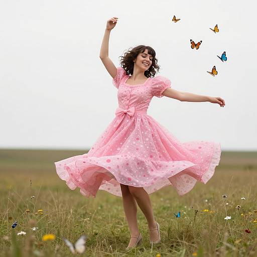 Joyful Woman Dancing with Butterflies