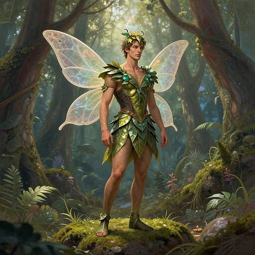 Digital fantasy artwork of a muscular, fair-skinned male fairy with translucent wings, green leaf armor, crown, and sandals, standing in a sunlit