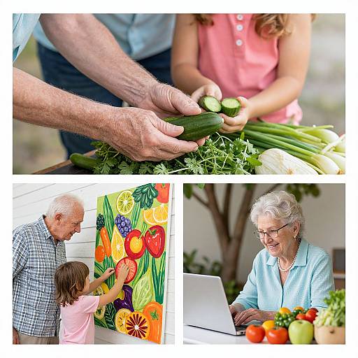 Photograph collage: elderly couple gardening, preparing vegetables, painting colorful fruit, and using laptop with fresh produce on table. Vibrant, warm, and