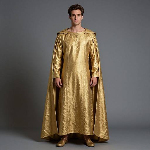 Photograph of a man in a long, gold, medieval-style robe with fur trim, standing against a gray background, wearing gold shoes.