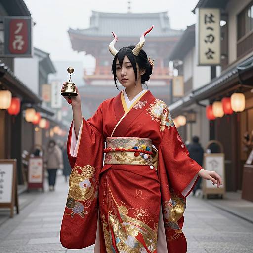 Elegant Asian Woman in Kimono with Horns