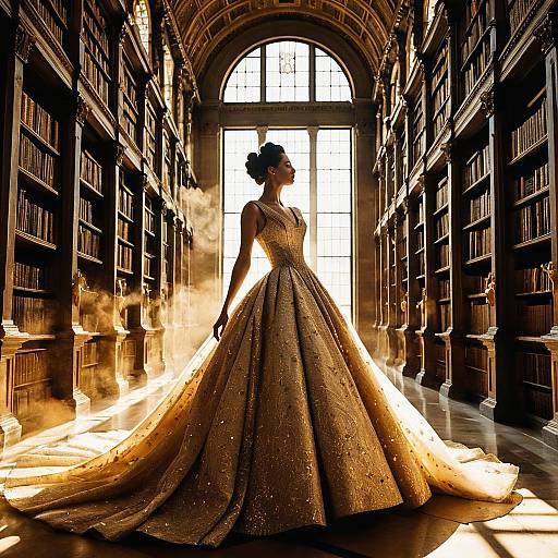 Elegant Woman in Vintage Gown in Grand Library