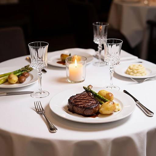 Photograph of a white-clothed round table with a candle, crystal glasses, and plates of grilled steak, roasted potatoes, and vegetables.