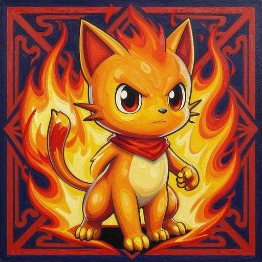 Digital art of an orange, fire-themed, cute cat-like creature with red eyes, red scarf, and fiery background, standing confidently.
