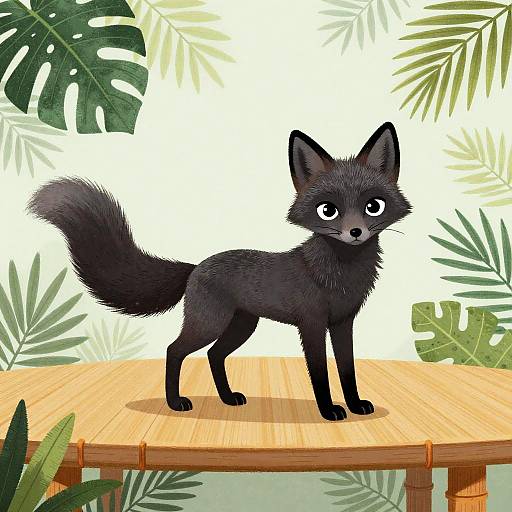 Black Fox on Tropical Bamboo Table