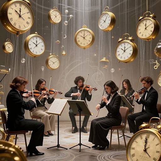Photograph of six classical musicians playing violins and a cellist in a surreal room with floating, golden antique clocks.